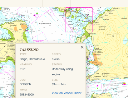 AIS popup for TARESUND showing View on VesselFinder link at the bottom