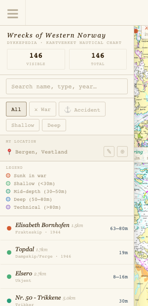 Catalogue after setting Bergen — list re-sorted with grey distances